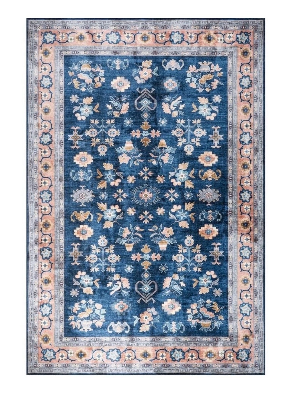 Blue Floral Area Rug with Peach Accents